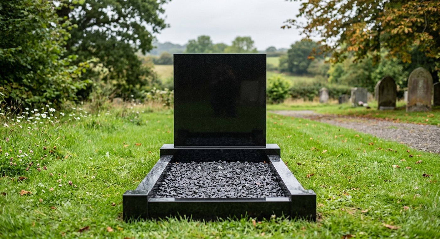 Black square headstone with chip-filled kerbs