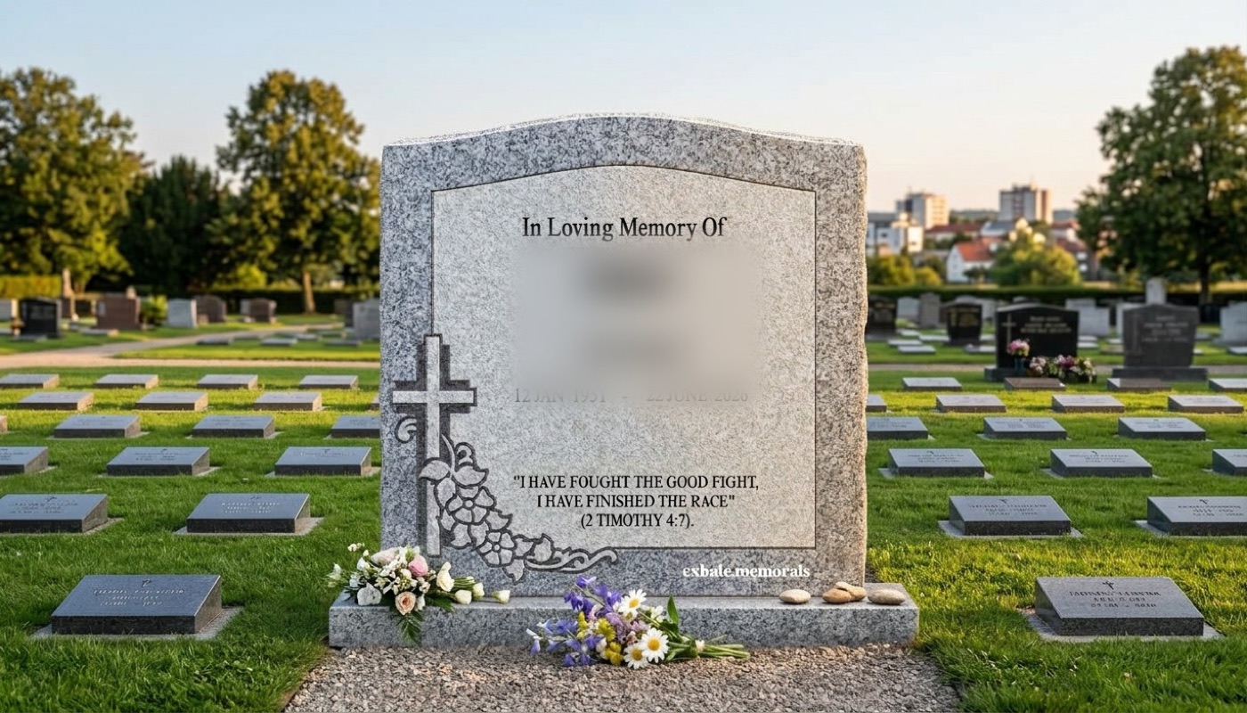 Classic upright headstone in light grey granite