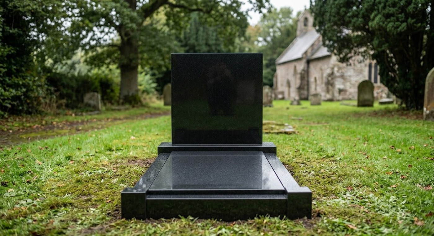 Modern square black granite headstone on a full ledger slab with low kerb