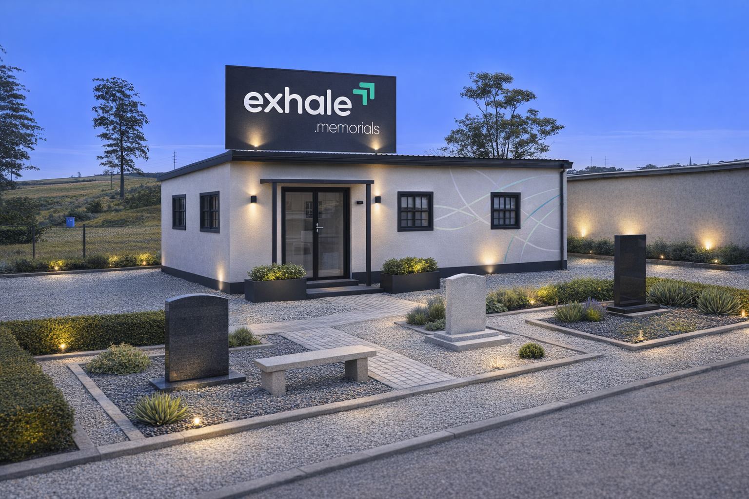 Exhale Memorials showroom and show garden at dusk, Lusikisiki